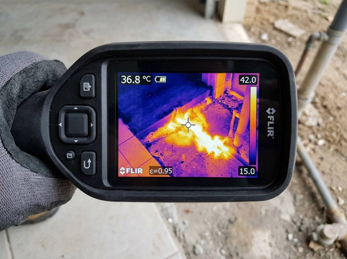 Thermal imaging scan revealing hot water slab leak in Edmond OK home