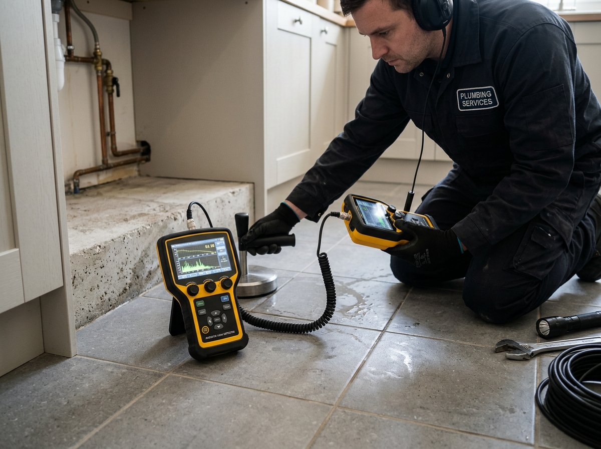 Plumbing technician preparing slab leak documentation report for insurance in Edmond OK